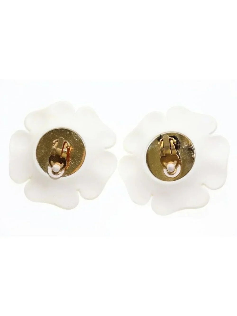 Chanel Camellia Earrings Flower Motif Vintage White Gold Aa